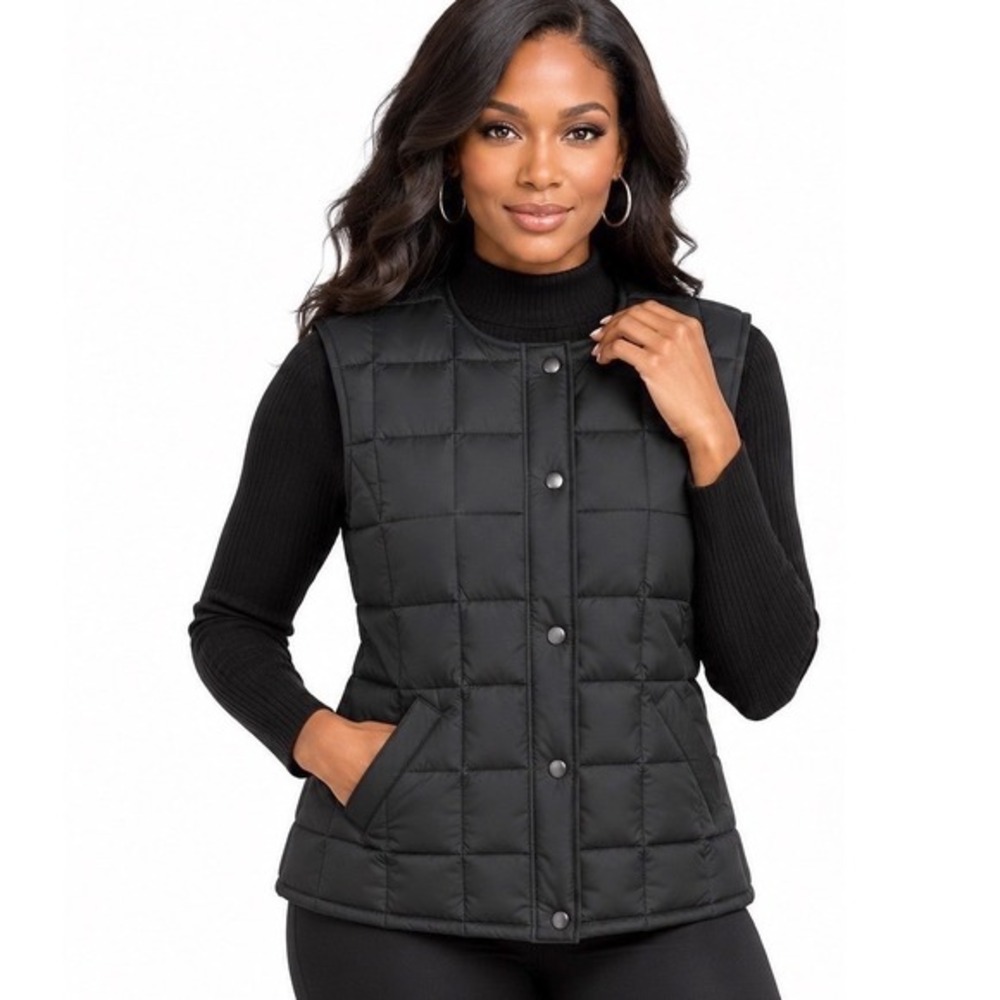 The Limited Black Down Puffer Vest Square Quilted Snap Zip Front L Vintage 64-09